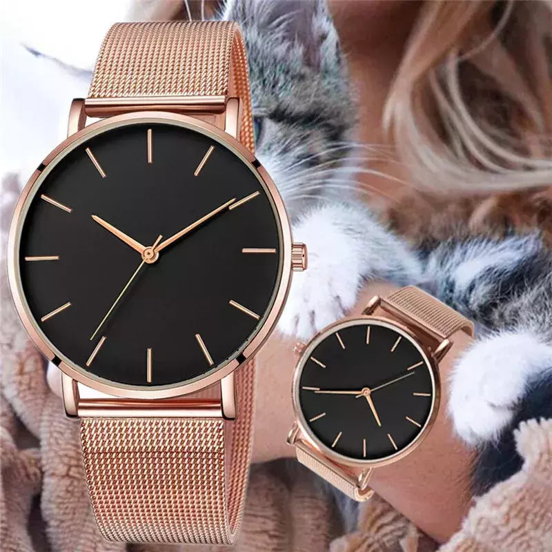 Relógio de pulso de malha de aço inoxidável feminino, feminino Fashion, Casual, Simples, Quartzo, Hora de Metal, Feminino, Preto