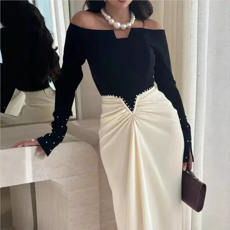 Temperamento vestido vestidos 2025 mulher vestido banquete contraste pérola retalhos pacote hip manga longa magro uma linha pescoço elegante