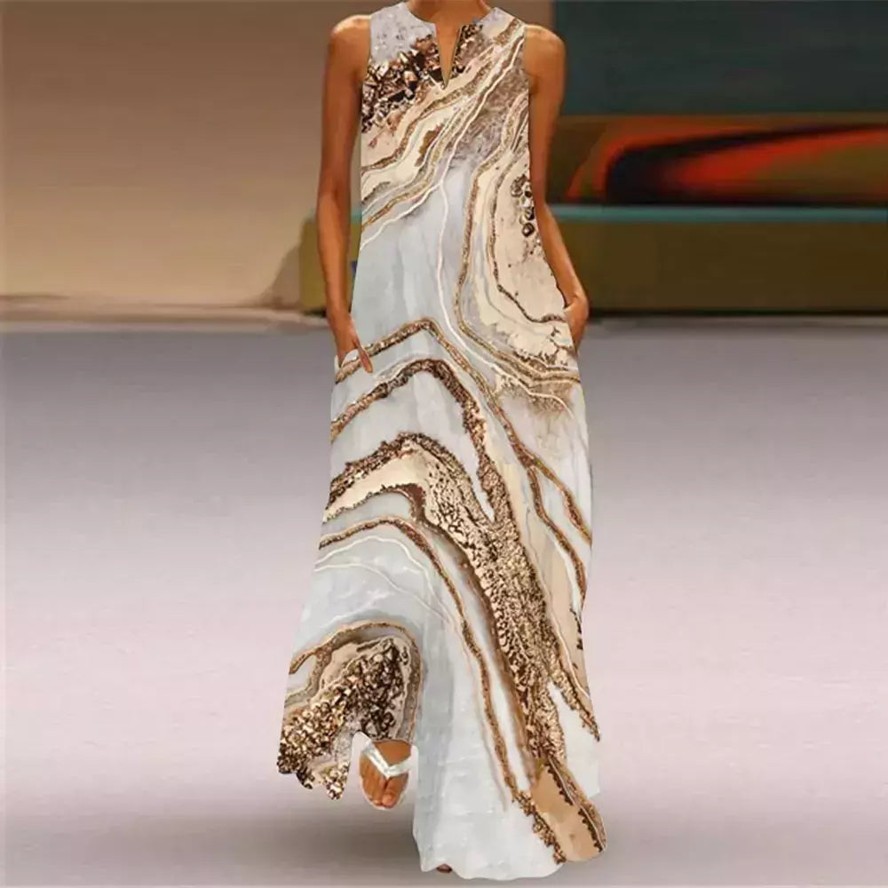 Vestido de noite sem mangas feminino, decote em v, vestido de bolso, estampa de colete casual, tamanho grande, elegante, uma peça, verão