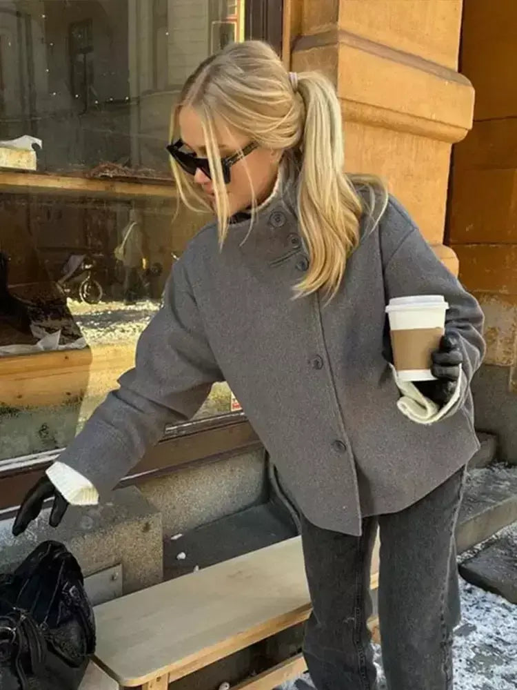 Gola feminina casacos de lã de inverno 2024 nova moda único breasted feminino manga longa jaquetas senhora do escritório rua casaco curto