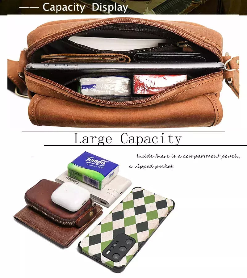 Bolsa de ombro retrô de couro genuíno masculina, grande capacidade, bolsa transversal diagonal, bolsa pequena para iPad, cavalo louco