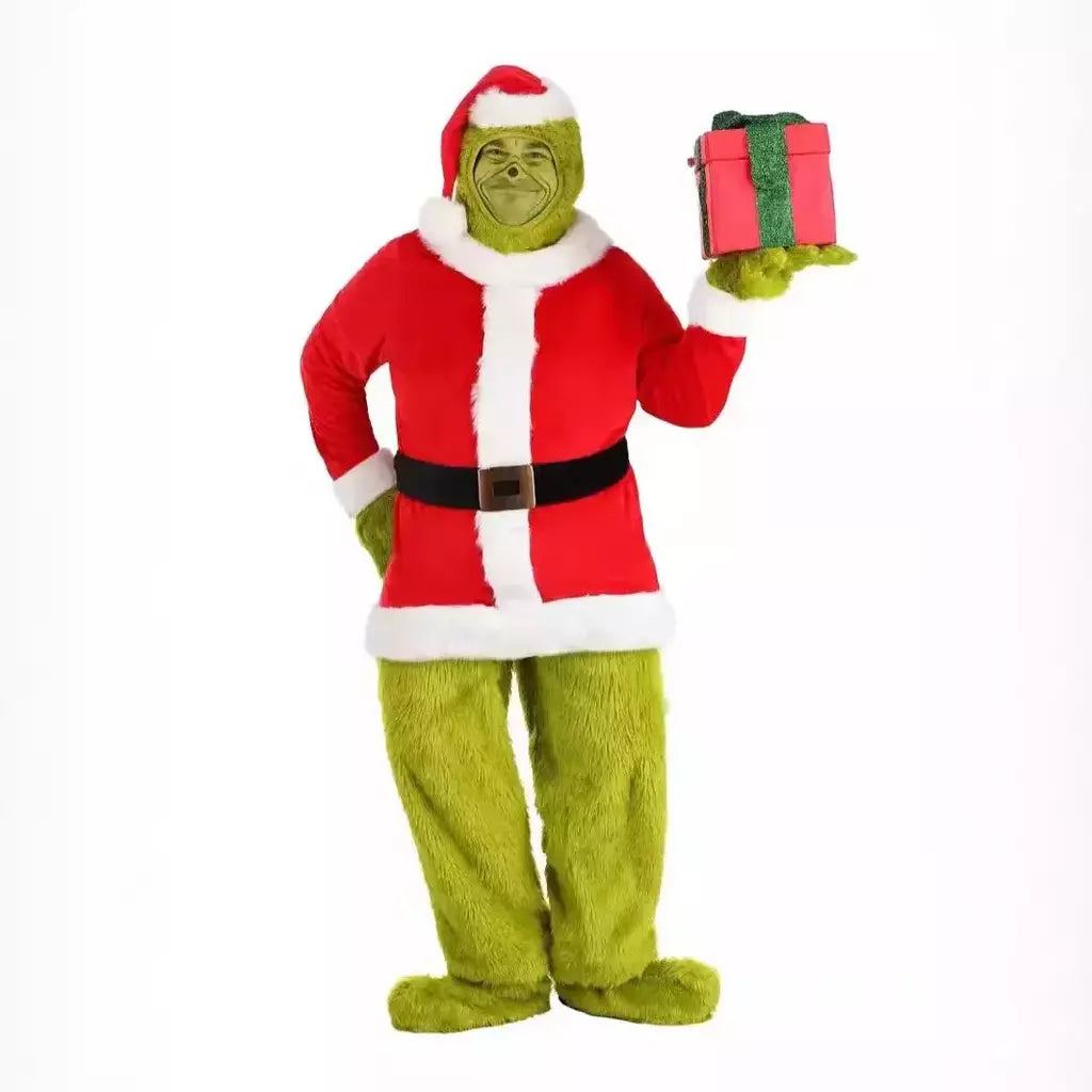 Venda quente da temporada halloween verde grinch cosplay traje papai noel com calças de pele conjunto jogar traje em massa monstro verde gri