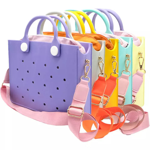 Saco de praia impermeável com furos, sacola transversal do corpo, acessórios de encantos adequados DIY, sacos de jantar feminino, elegante