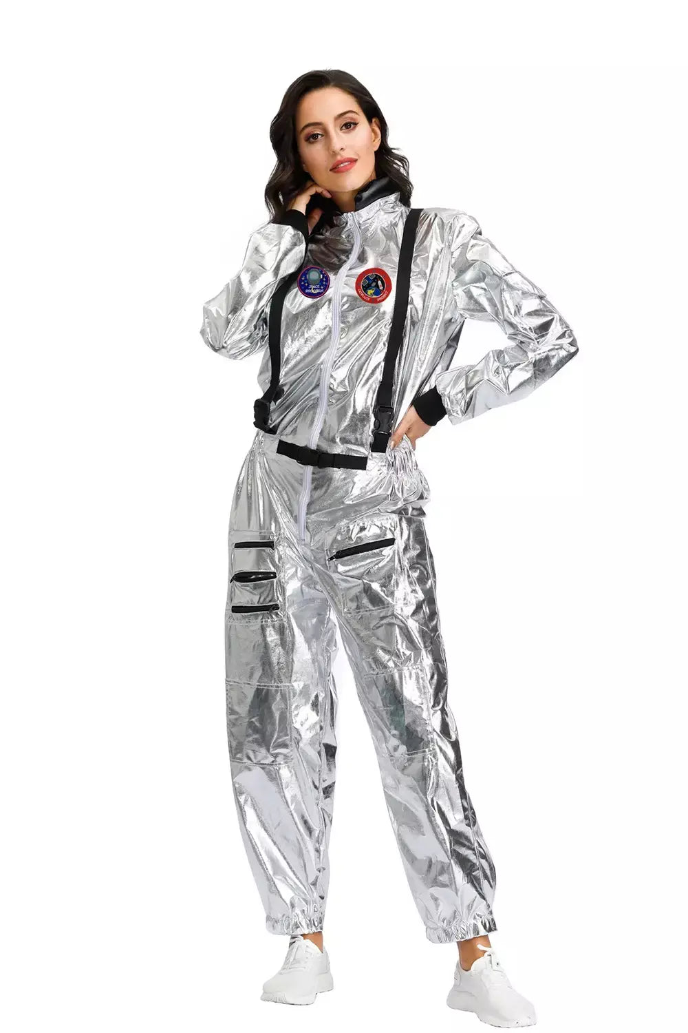 Adulto prata astronauta traje das mulheres dos homens spaceman terno espaço macacão halloween cosplay festa vestir-se