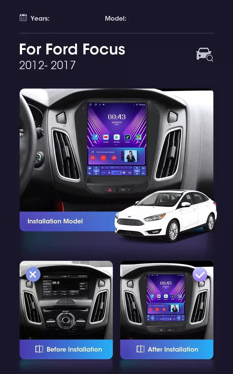 Srnubi 2 din 9.7 "android 13 carplay rádio do carro para ford focus 3 mk 3 2011 2012 - 2019 reprodutor multimídia 2din gps auto estéreo dvd
