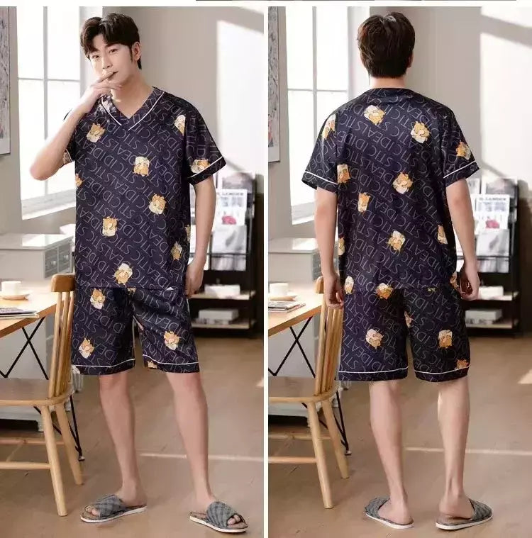 Conjunto de pijama de seda gelo manga curta masculino, pijama casual fino de simulação, tamanho grande, roupa para casa, verão, 2 peças