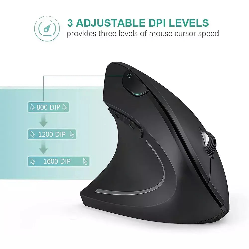 Mouse óptico vertical sem fio ergonômico, 2 ghz, 3 dpi ajustáveis, 800/1200/1600, 6 botões para laptop e computador desktop