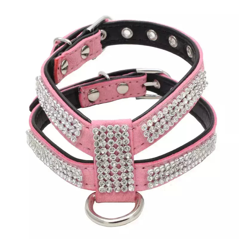 Coleira para cães, cinta peitoral ajustável, produtos para animais de estimação, coleira para cães, liberação rápida, brilhante, em forma de k, strass, couro pu