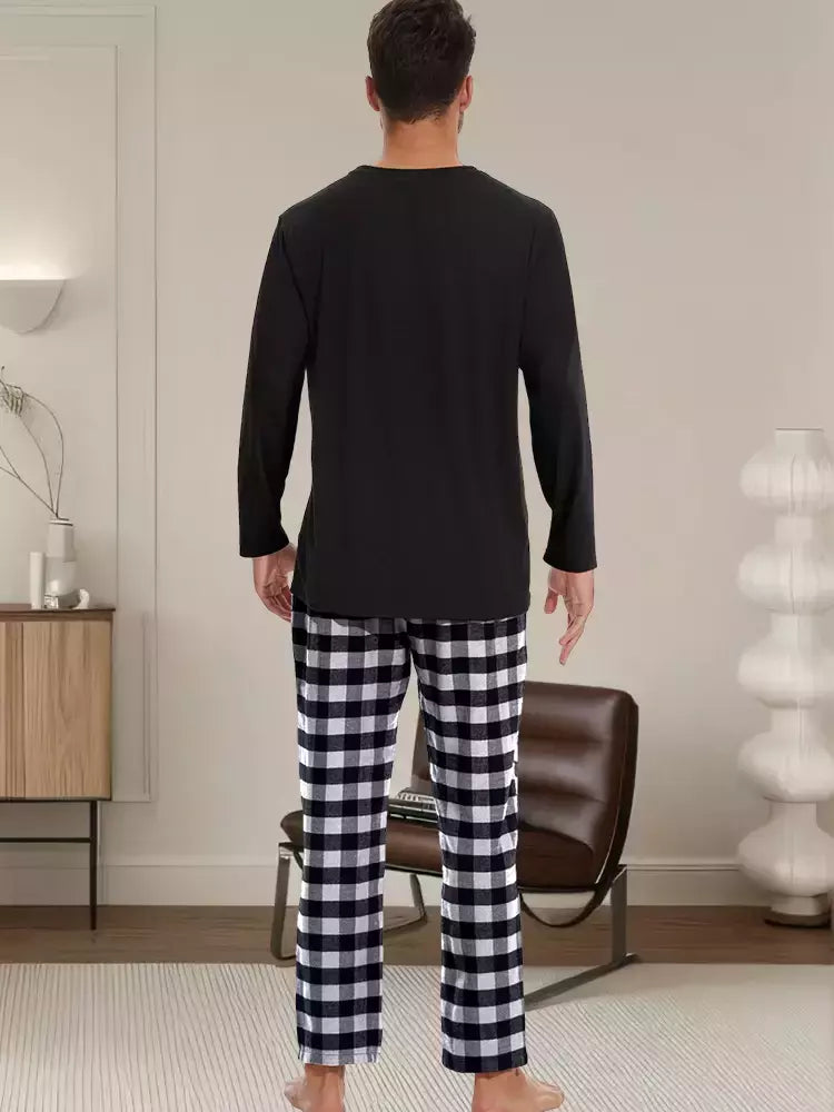 Conjunto de pijama xadrez solto masculino, tops casuais, Homewear