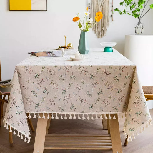 Toalha de linho de algodão vintage com padrão floral, toalha de mesa com borla, tampa lavável para jantar, piquenique