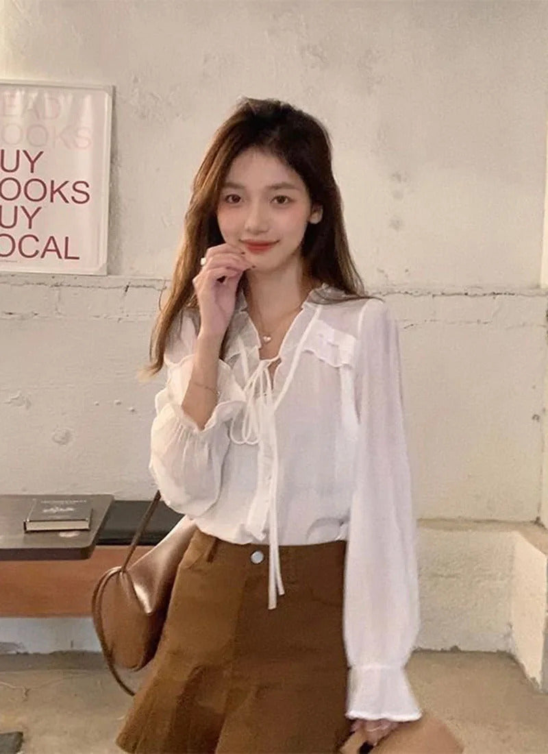 Xpqbb-Blusa de chiffon com decote em V para mulheres, camisas soltas com renda, manga comprida, babados, streetwear feminino, roupas coreanas, primavera e outono, 2024