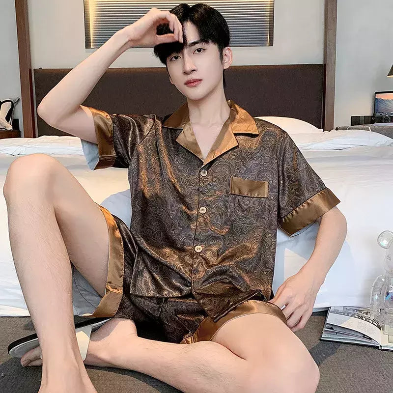 Conjuntos de pijama masculino de cetim de seda manga comprida, pijamas masculinos, camisola estampada, Casa, Soft Cozy Sleepwear Calças, Novo