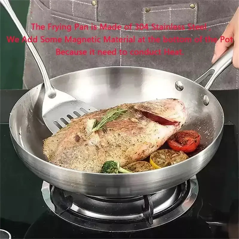 Frigideira antiaderente de aço inoxidável 304, panela de bife frito, sem revestimento, panelas de cozinha para fogão a gás e fogão de indução