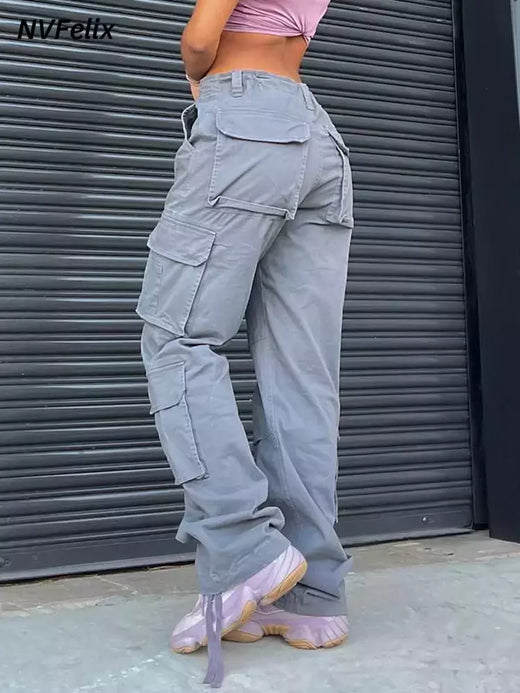 Calça jeans larga de cintura alta feminina, calça cargo cinza, calça larga, moda casual, bolsos múltiplos, estilo de rua Hip Hop, mãe, vintage, verão