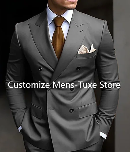 Ternos marrons slim fit de 2 peças para homens, trespassado duplo, lapela Peaked, blazer formal, jaqueta e calça, sob medida, alta qualidade