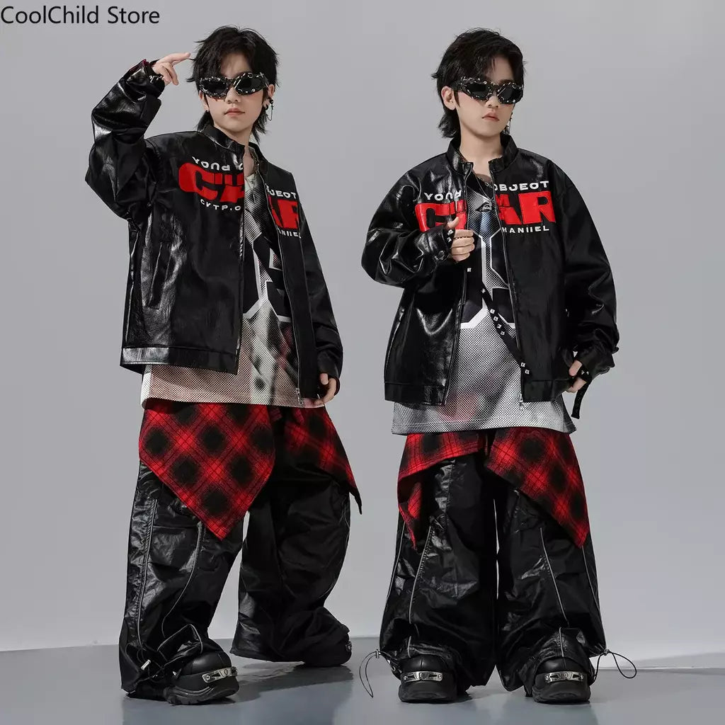 Meninos hio hop letras jaqueta de couro dança de rua calças de carga soltas meninas k-pop streetwear crianças conjunto de roupas jazz traje