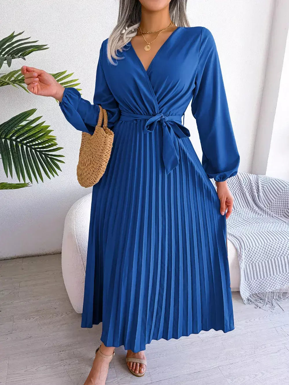 Elegante V Neck manga comprida das mulheres plissado vestido Maxi