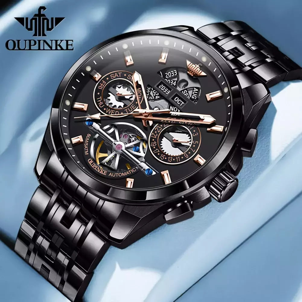 OUPINKE-Relógio mecânico totalmente automático masculino, relógio de pulso luminoso, calendário ano mês safira, marca de luxo superior