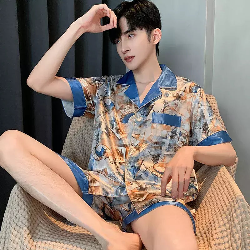 Conjuntos de pijama masculino de cetim de seda manga comprida, pijamas masculinos, camisola estampada, Casa, Soft Cozy Sleepwear Calças, Novo