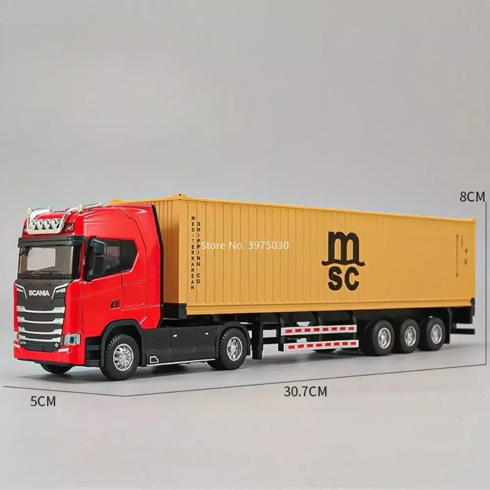1:50 caminhão contêiner carros de brinquedo modelo fundido pneus de borracha veículo puxar para trás luz música carro em miniatura meninos presentes do festival