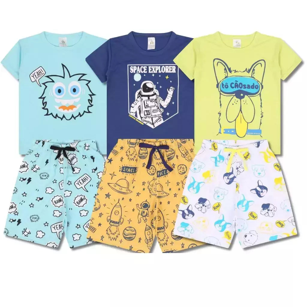 Kit Sortido 4 Peças Pijama Infantil Menino Manga Curta Atacado 1 Ao 10 - 2 Conjuntos Pijamas Infantil para Meninos