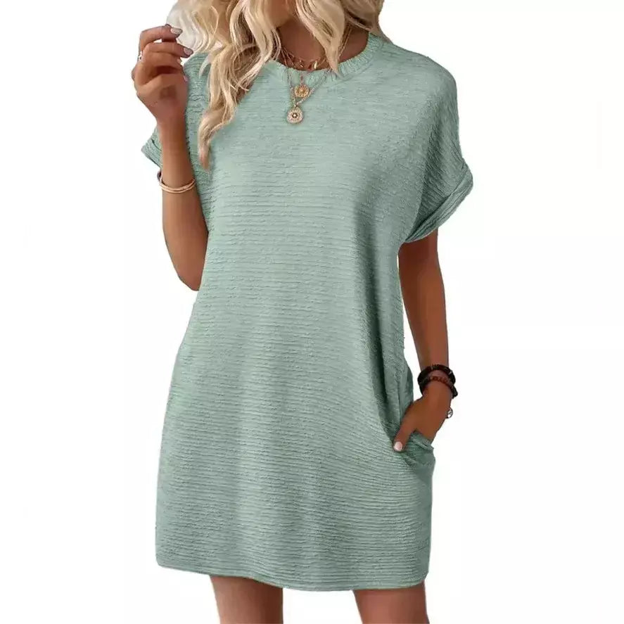2026 robe femmes soiree manga curta em torno do pescoço mini vestido de cor sólida das mulheres bolso novo solto escritório deslocamento versátil vestido