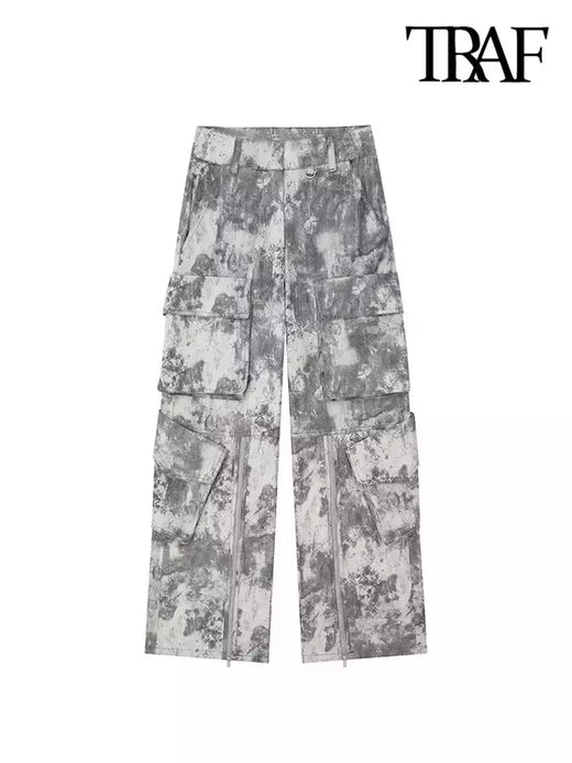 Calças TRAF-Cargo para Mulheres, Patch Pockets, Impresso, Cintura Média, Fly com Zíper, Streetwear, Calças Femininas, Moda