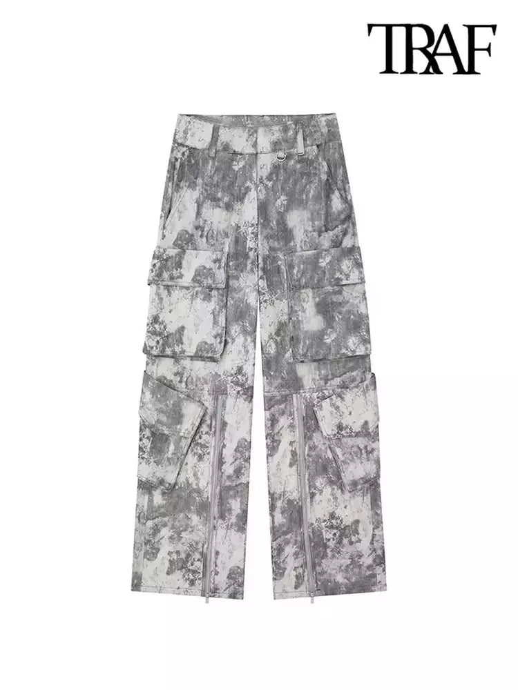Calças TRAF-Cargo para Mulheres, Patch Pockets, Impresso, Cintura Média, Fly com Zíper, Streetwear, Calças Femininas, Moda