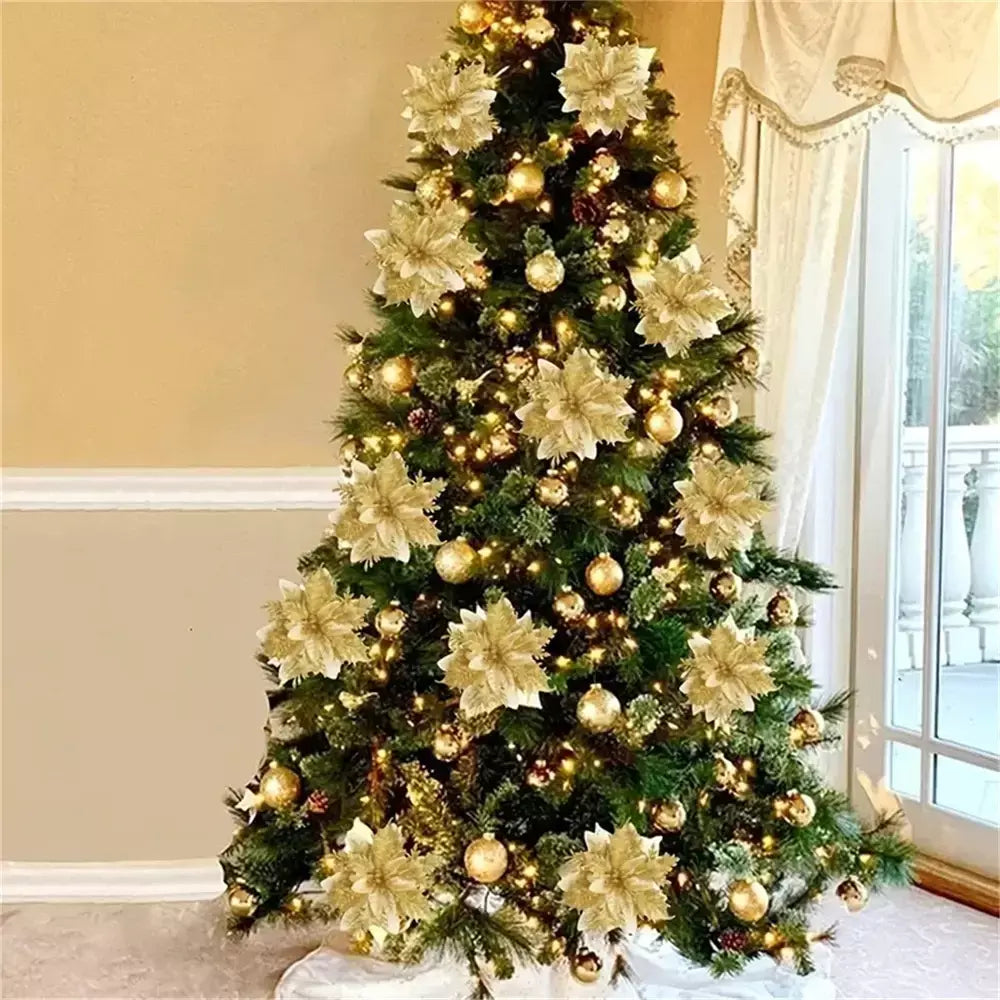 Flores artificiais com glitter para árvore de Natal, enfeites de Natal, rosa, vermelho, dourado, decoração de Natal para casa, 14,5 cm