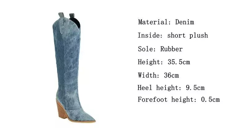 Denim ocidental mulheres joelho coxa botas altas novo 2024 outono inverno salto alto cowboy botas longas tamanho 43 deslizamento em sapatos femininos