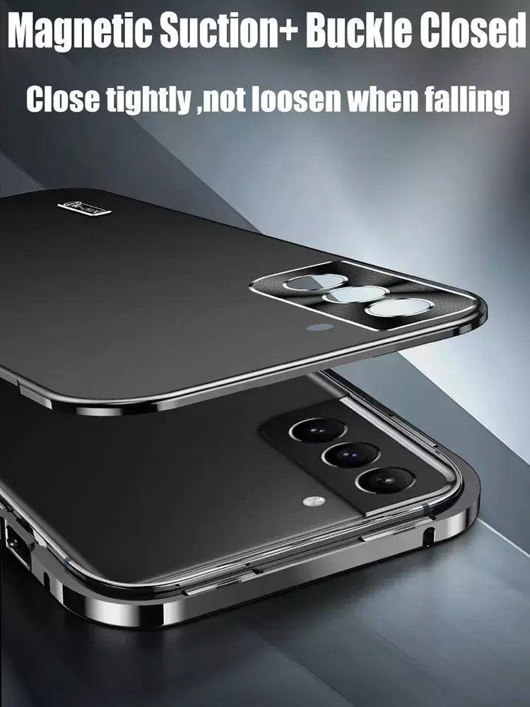 Moldura de alumínio com fecho magnético, capa traseira de plástico de metal para samsung galaxy s25 ultra s24 ultra s23 s22 s21, capa forte à prova de queda