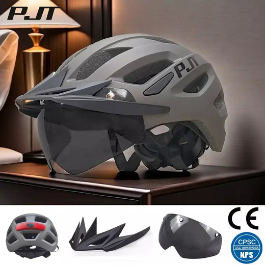 Pjt novo led capacete da bicicleta com óculos de sol viseira recarregável led capacete da bicicleta dos homens escudo estrada mtb ciclismo capacetes