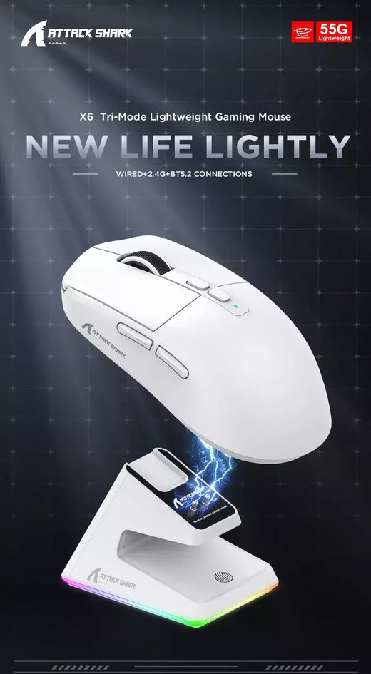 Mouse Bluetooth Attack Shark X6 PAW3395, conexão tri-mode 2.4, base de carregamento magnética RGB Touch, mouse macro para jogos