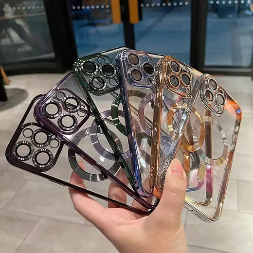 Capa transparente luxuosa com revestimento magnético para carregamento sem fio magsafe iphone 11 12 13 14 15 16 17 pro max air plus capa à prova de choque