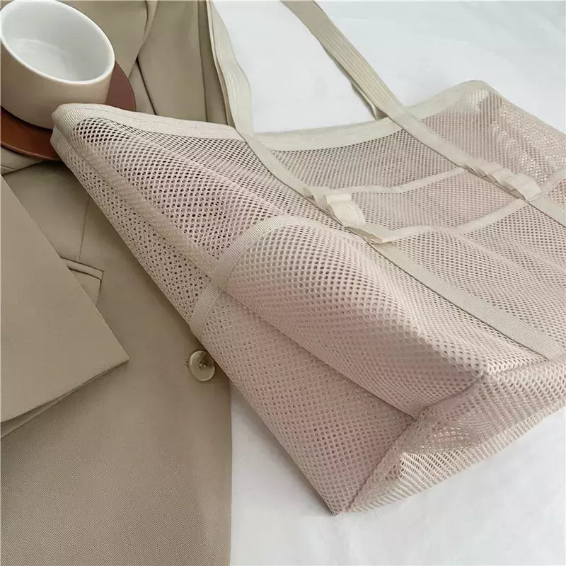 Bolsa de praia de malha portátil para mulheres, maquiagem, bolsa de lavagem, organizador de banho, Shopper Totes, verão