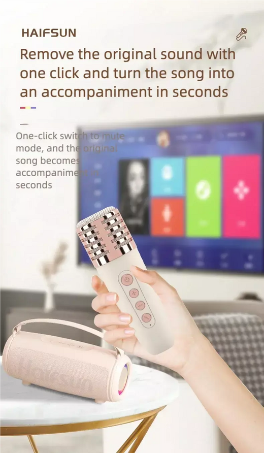 Máquina de karaokê portátil, alto-falante Bluetooth com 2 microfones, modos internos e externos, suporta AUX, TF, USB