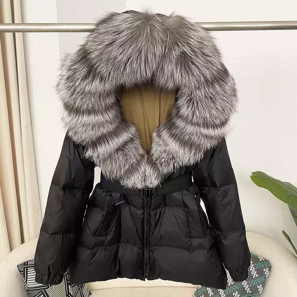 Oftbuy 2024 jaqueta de inverno feminina gola de pele de raposa natural real com capuz grosso quente 90% pato branco para baixo casaco feminino streetwear casual