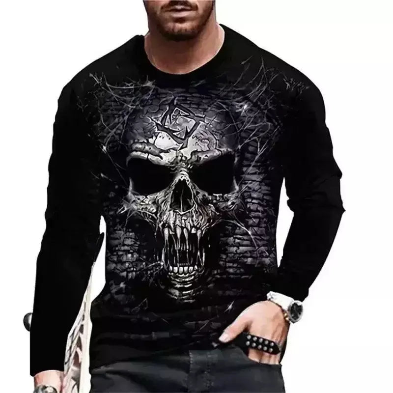 Crânio masculino gráfico t-shirts manga longa esqueleto impressão 3d rua homem t camisa outono o-pescoço casual y2k topo roupas masculinas de grandes dimensões