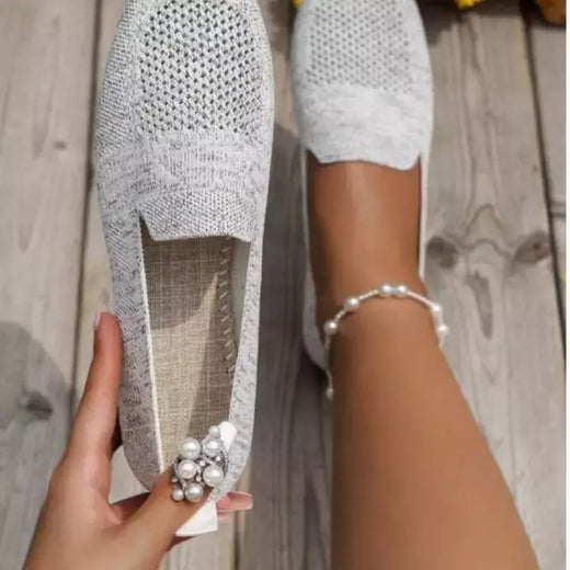 Cor sólida dedo do pé quadrado malha mocassins rasos mulheres apartamentos sapatos de fundo macio malha ballet apartamentos sapatos casuais deslizamento em sapatos de barco