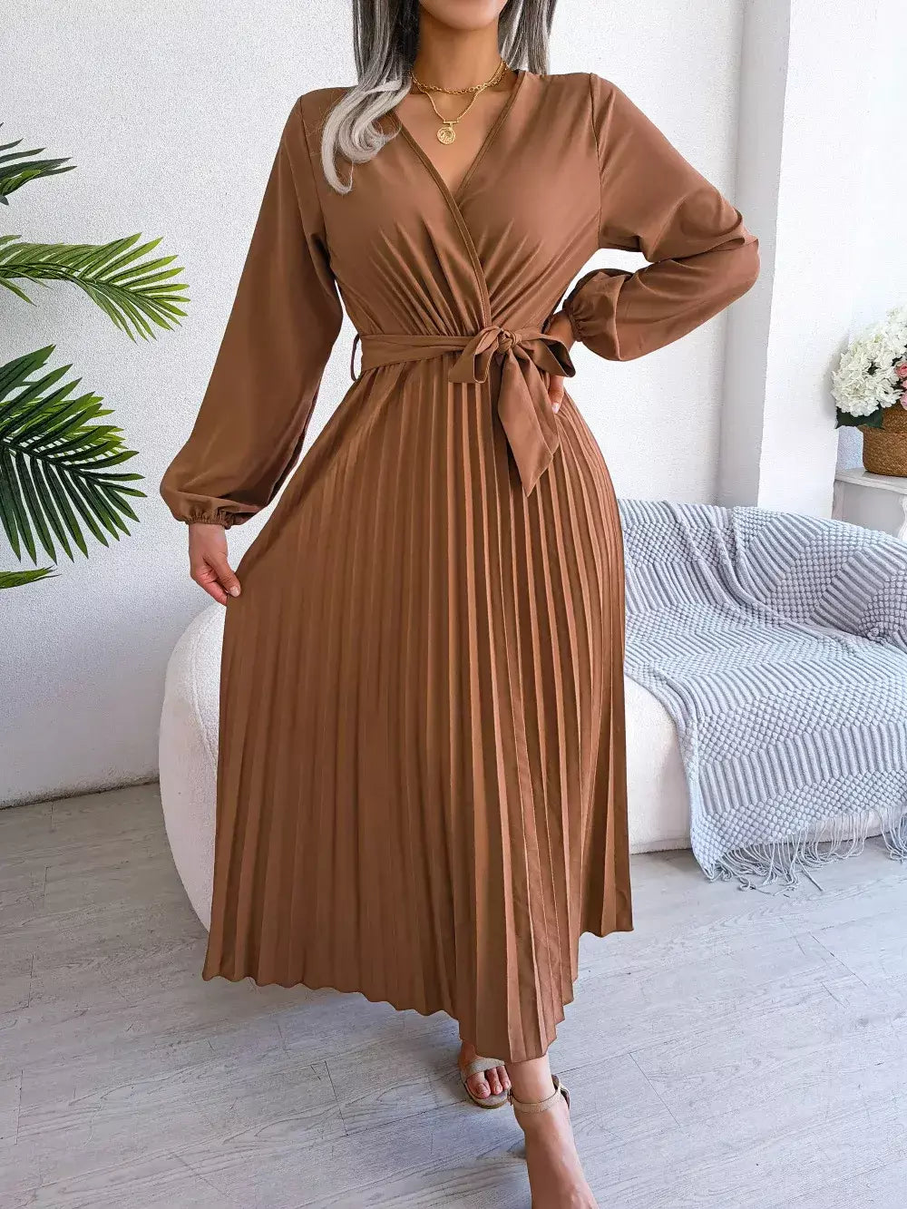 Elegante V Neck manga comprida das mulheres plissado vestido Maxi