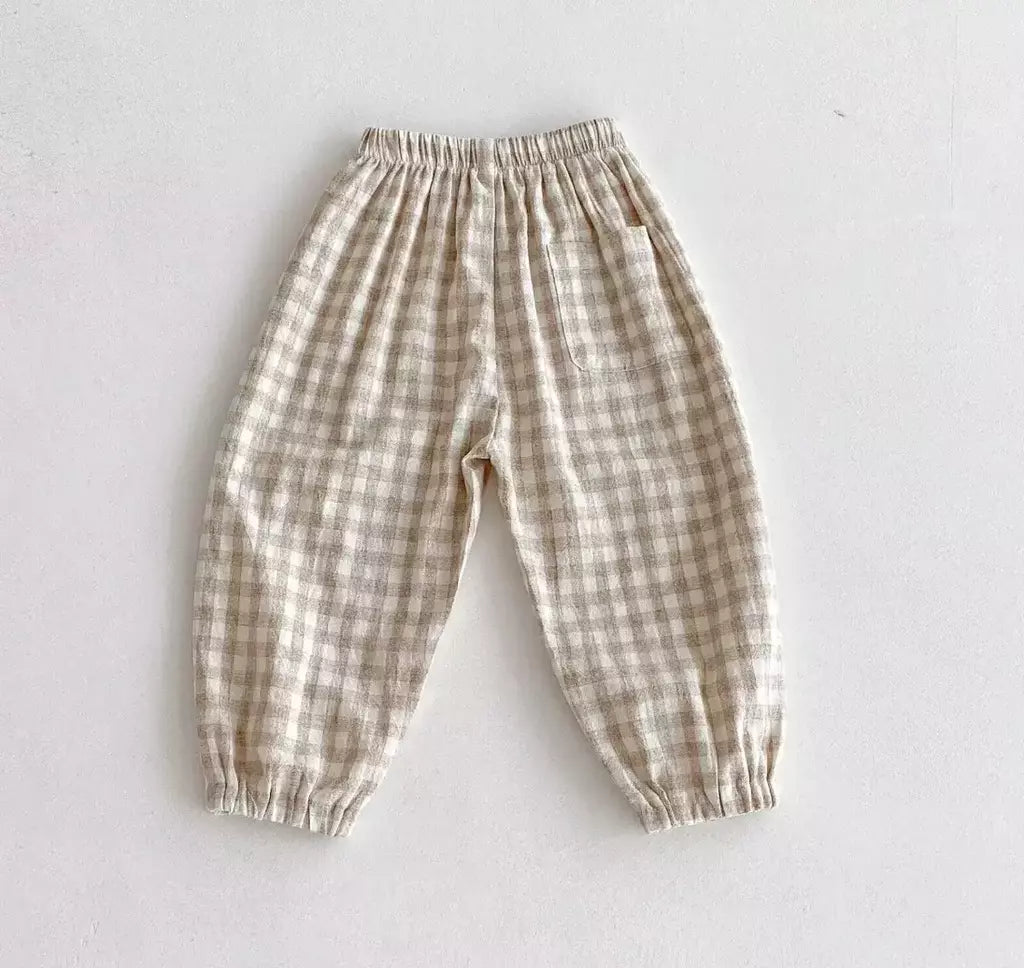 Calças listradas de algodão de linho vintage para meninos casual bolso design elásticos calças de cintura para criança menina roupas crianças