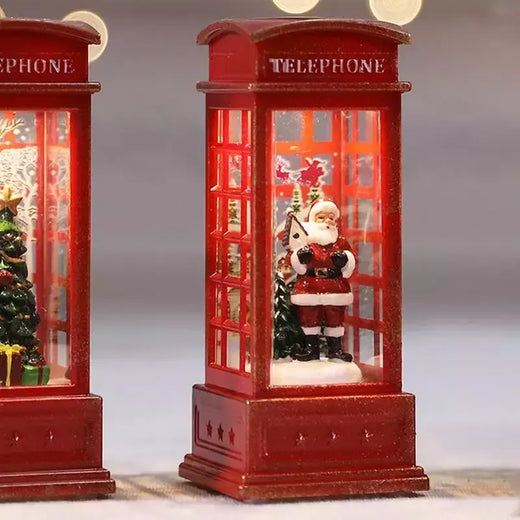 Vintage vermelho luminoso telefone cabine lanterna, árvore de Natal, boneco de neve, Papai Noel estatueta, telefone cabine decoração