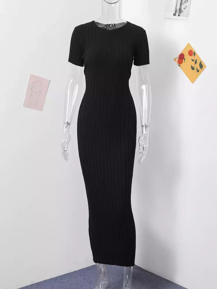 Vestido longo de malha monocromática feminino, manga curta, vestido feminino plissado, gola em O, quadril, primavera, moda verão, feminino, 2022