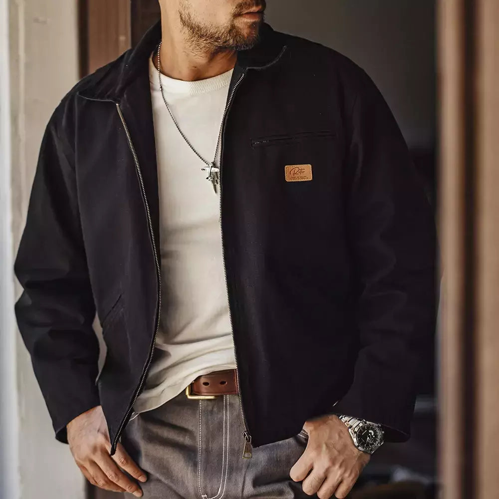 Maden J001 - Casaco de Caça Régua Detroit para Homem de Outono, Tecido de Lã Retro, Bolsos de Algodão Resistente, Design de Colarinho Lapel e Fechadura Ziper