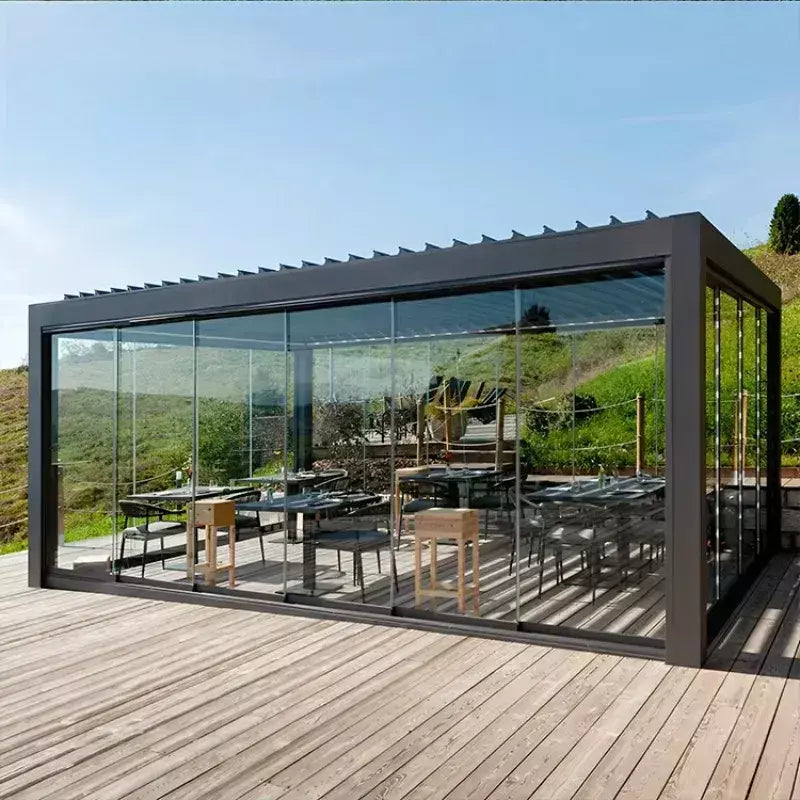 Gazebo de alumínio com obturador elétrico à prova d'água, retrátil, ajustável, teto de jardim, gazebo bioclimático, alumínio ao ar livre