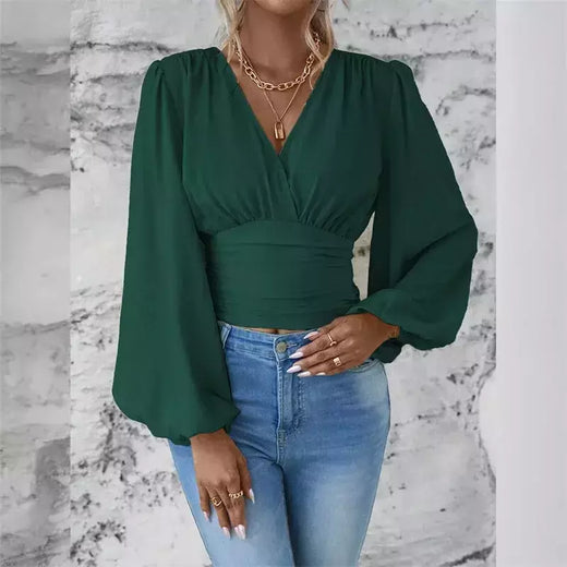 Pulôver feminino com decote V profundo, blusa feminina de manga comprida, tops casuais diários, cintura solta e magro, crossover, primavera, outono