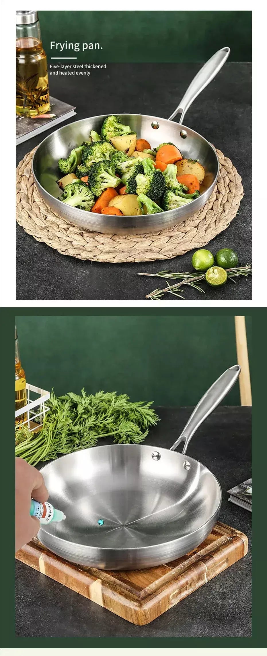 Frigideira antiaderente de aço inoxidável 304, panela de bife frito, sem revestimento, panelas de cozinha para fogão a gás e fogão de indução