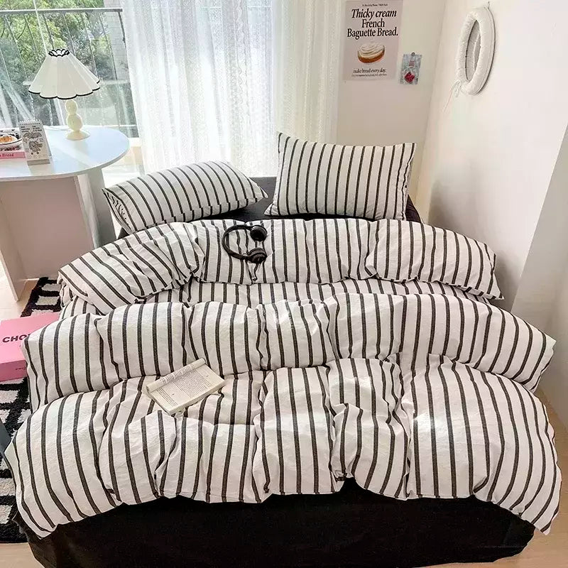 Conjunto de cama simples Pink Stripe para adultos e crianças, lençol de algodão lavado, fronha, roupa de cama completa Queen, conjunto de capa de edredão, sem enchimento