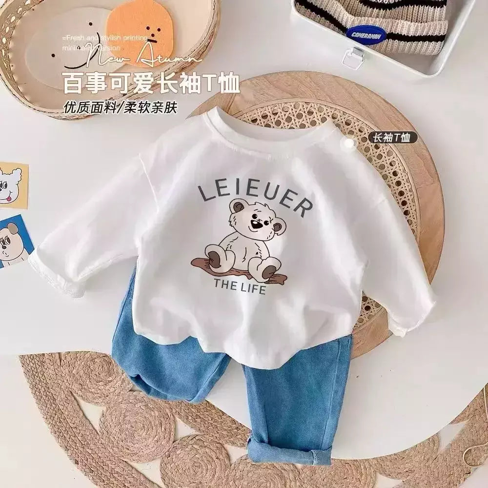 Camiseta infantil de manga comprida, algodão puro, camisa base, desenho animado estampado, primavera e outono, bebê, meninos e meninas