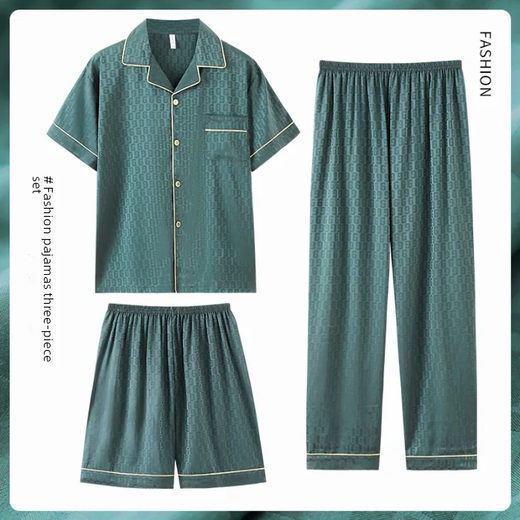Pijama Jacquard de seda gelada masculino, manga curta, outwear casual, simulação adolescente, roupa de casa, verão, conjunto de 3 peças
